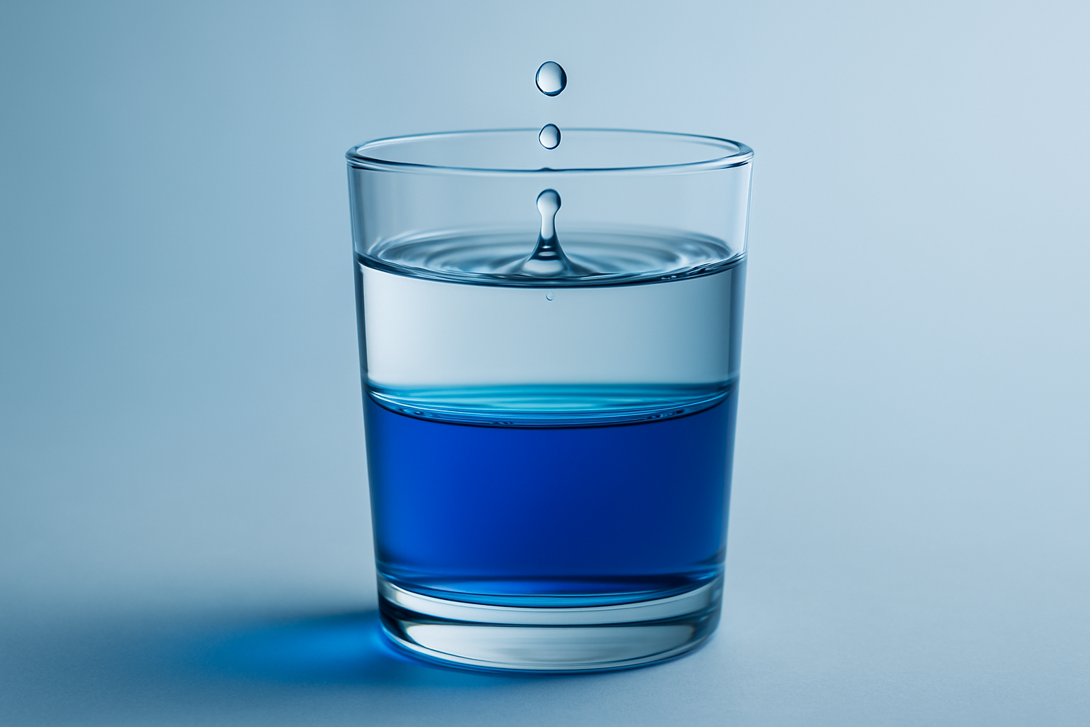 透明な水の上層と濃い青の下層が二層に分かれたグラスの水。Clear Layer＝上澄みを象徴する、純粋さと複雑さを対比したイメージ