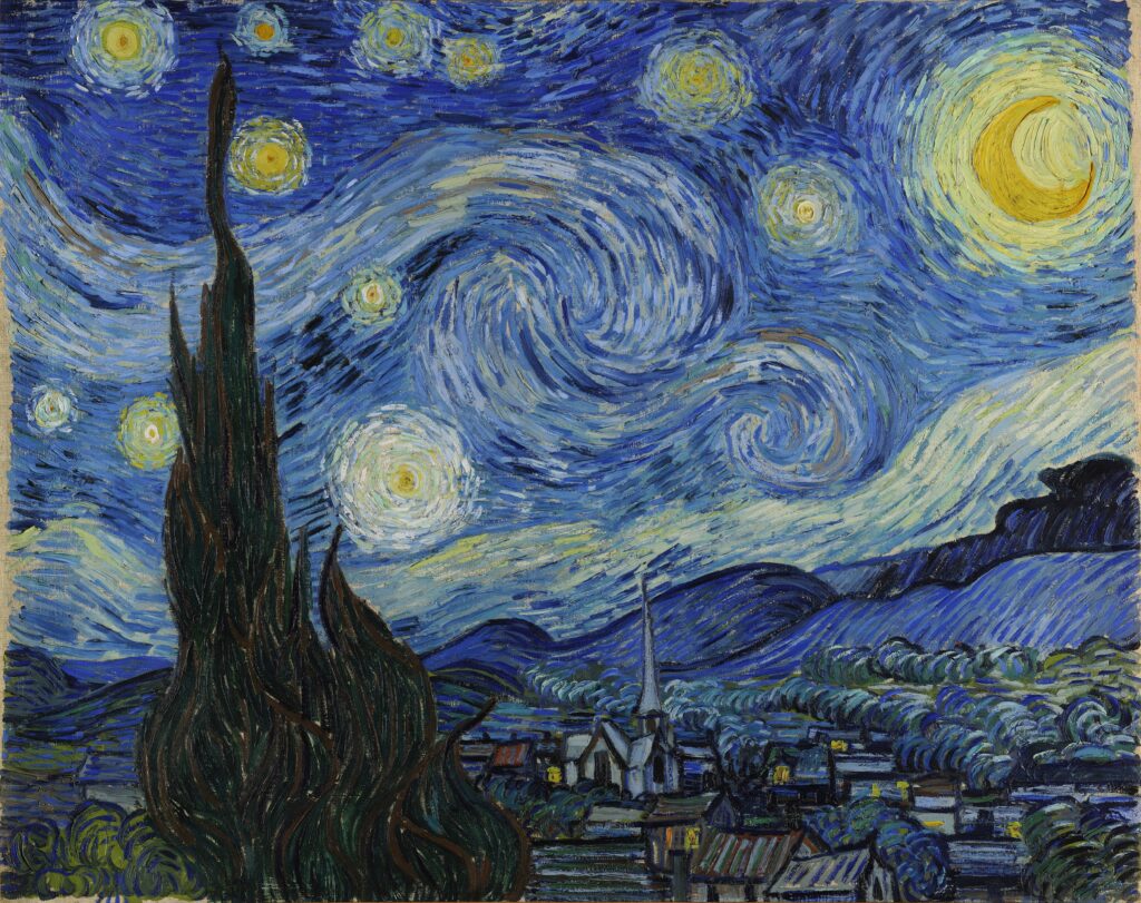 ゴッホ《星月夜》全景:渦巻く夜空と糸杉の象徴的構図