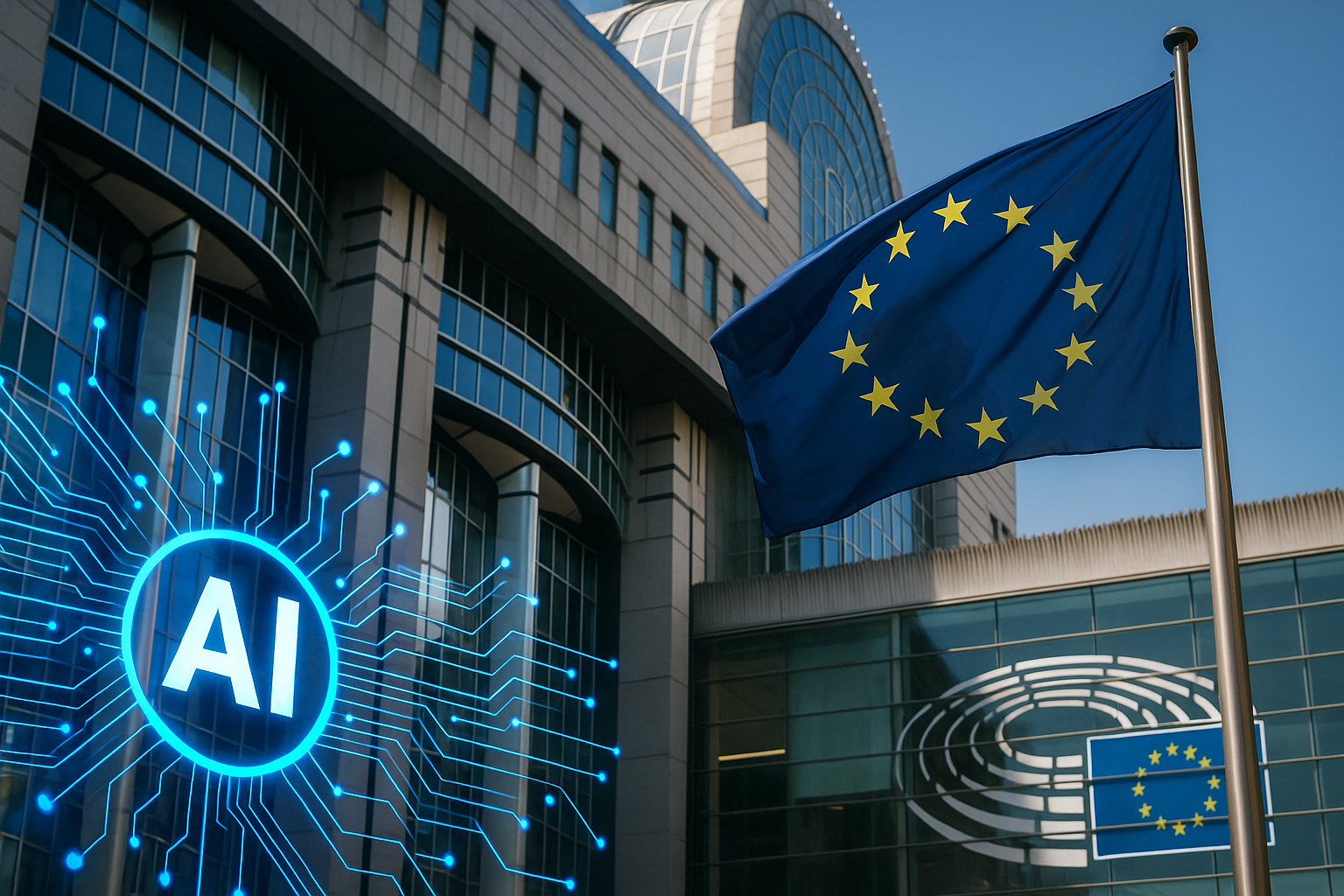欧州連合の旗とAIを象徴するデジタルイメージ。EUがAI法を通じて規制と倫理を軸にルールメーカーを目指す姿を表現