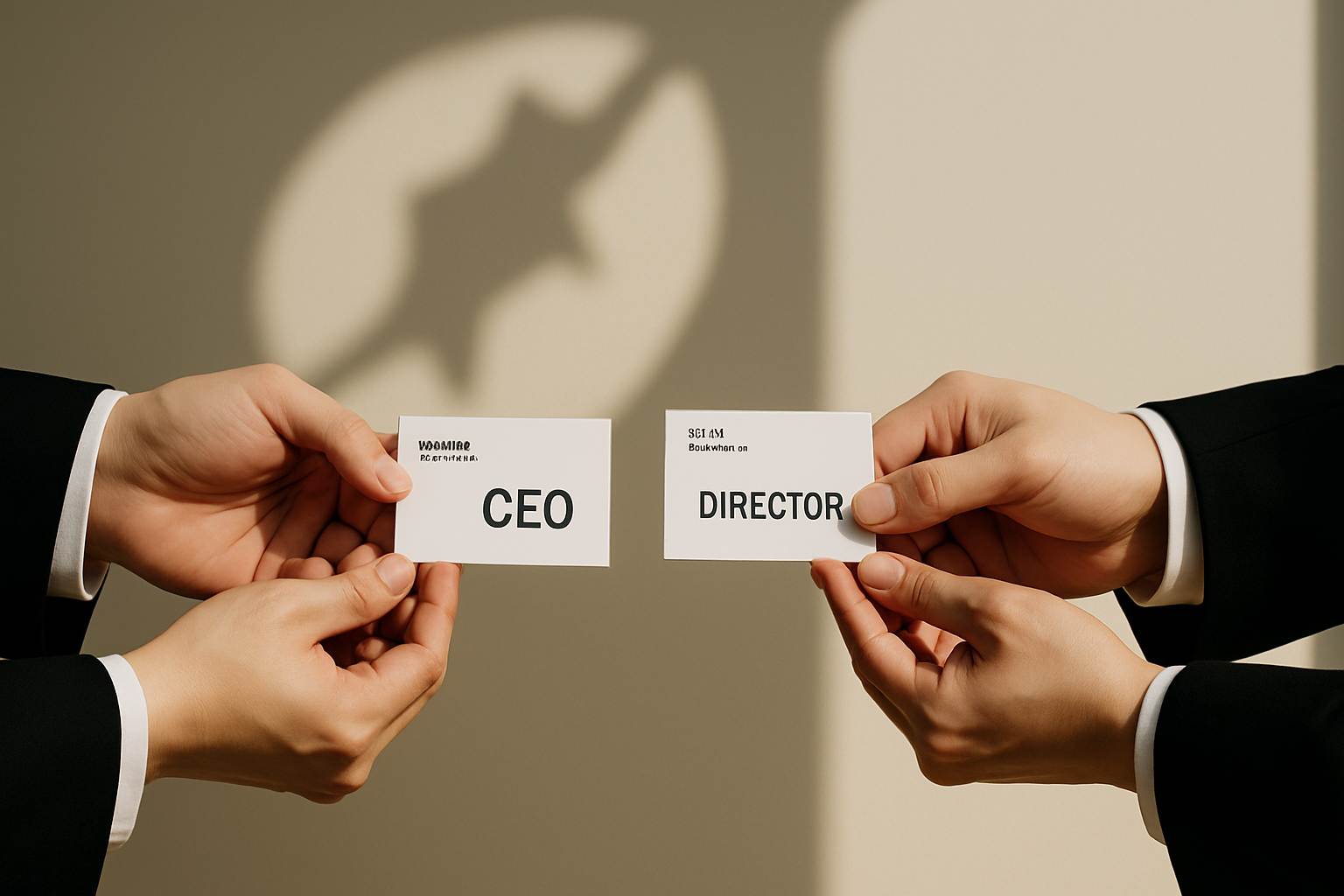 「CEO」と「Director」と印字された名刺を、2人が両手で持って丁寧に交換する瞬間。背後には大きな影が映り、肩書きの背後に潜む重い責任を象徴するイメージ。