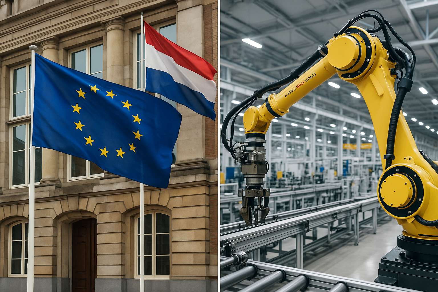 オランダの建物に掲げられたEU旗とオランダ国旗、並びに工場内で稼働する産業用ロボット。オランダのAI規制と日本のAI応用の対比を象徴するイメージ