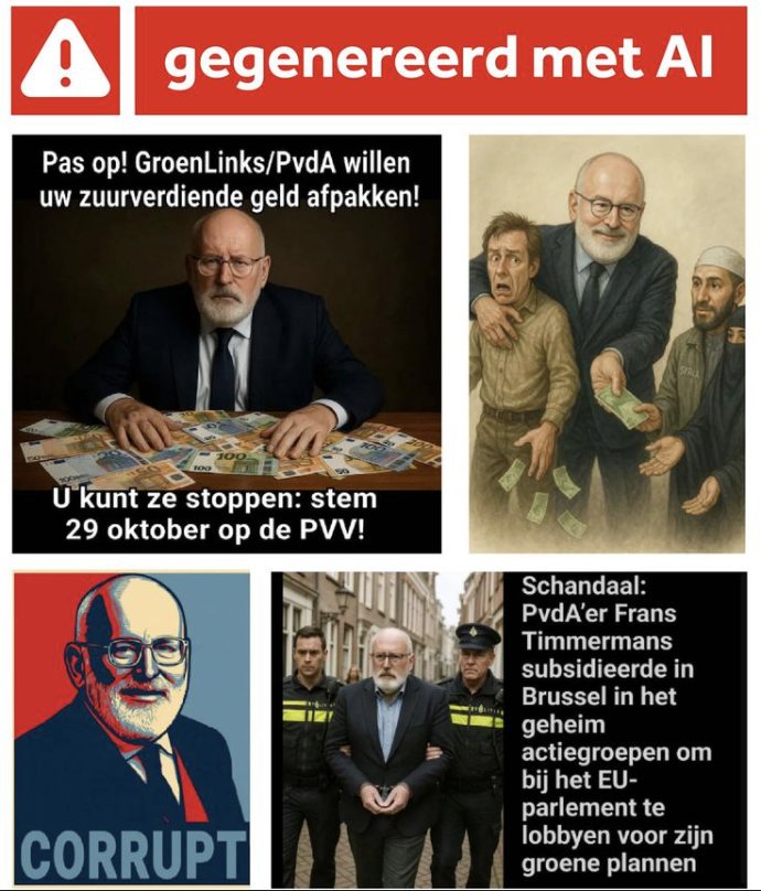 オランダ総選挙2025で問題となったAI生成の偽画像。フランス・ティンメルマンス氏を腐敗や金銭授受のように描き、PVV支持ページが拡散したもの。
