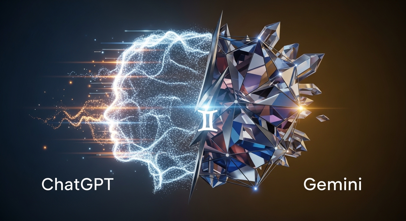 ChatGPTとGeminiの思想的な設計の違いを象徴的に表現したビジュアル比較