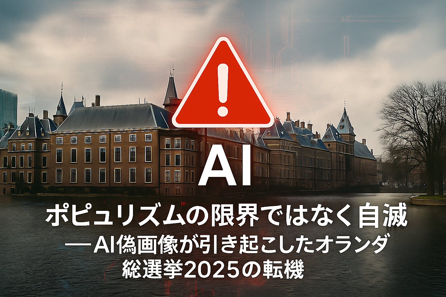 オランダ総選挙2025でAI偽画像問題によりPVVが議席を減らし、ポピュリズムの限界が自滅として現れたことを象徴するイメージ