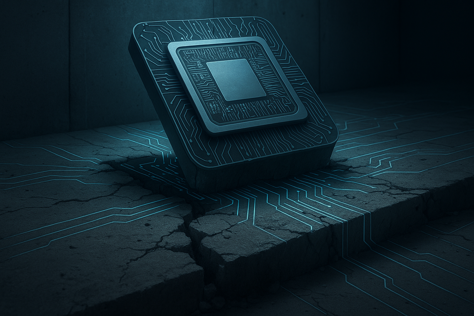 AIインフラの脆さを象徴する半導体チップと亀裂のサムネイル画像