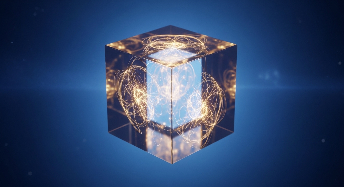 透明な立方体の中で金色の光がゆっくりと流れる。天の采配と時間の流れを象徴するイメージ。