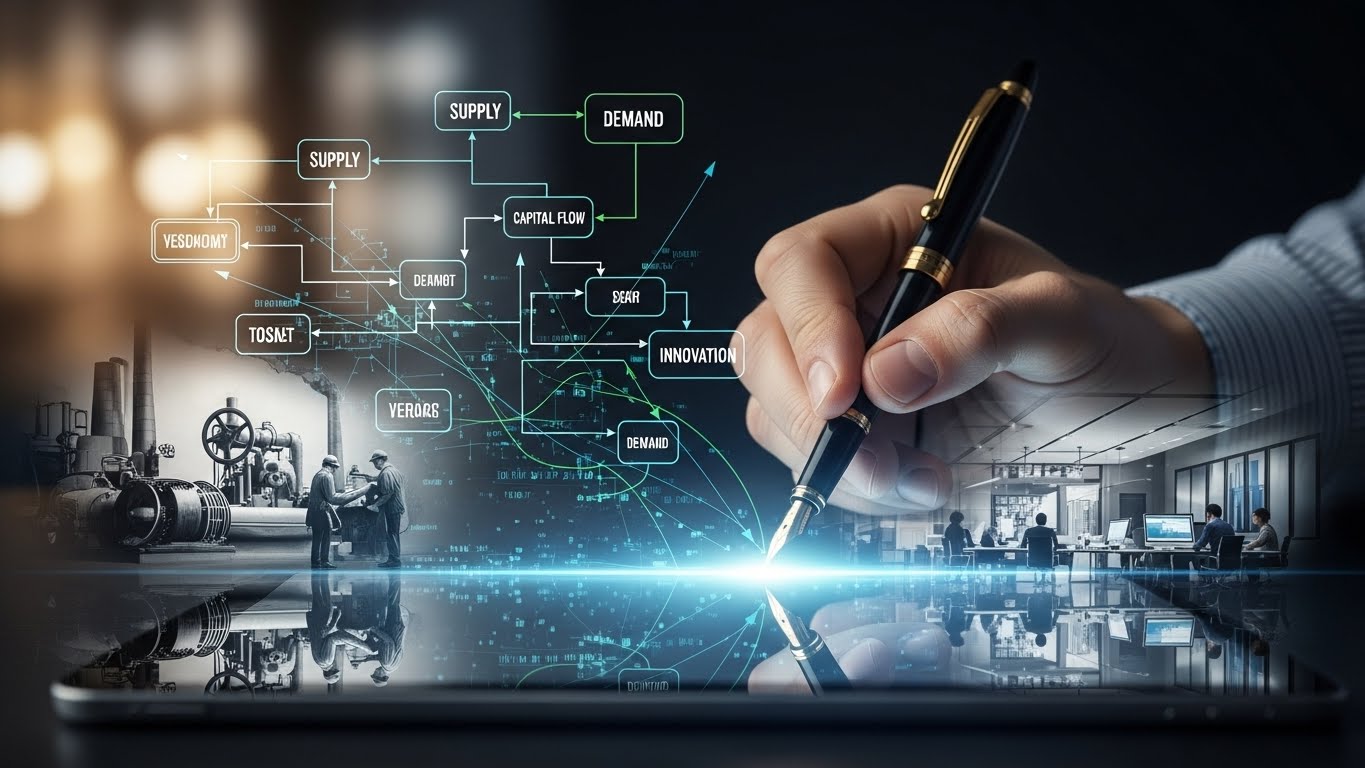 時代を超えて繰り返される需要と投資の経済構造を象徴するビジュアル