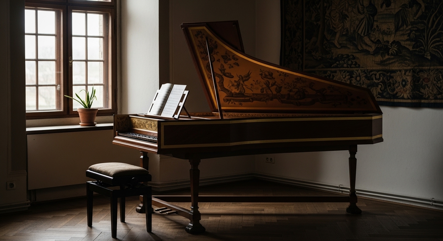 A baroque harpsichord in a quiet European interior, symbolizing the everyday nature of baroque music and its connection to Japanese sensibility.